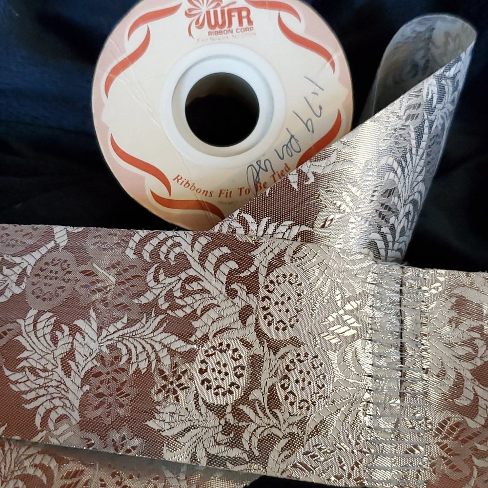 Vintage WFR Fabric Ribbon. SIlver Metalic Leaf.